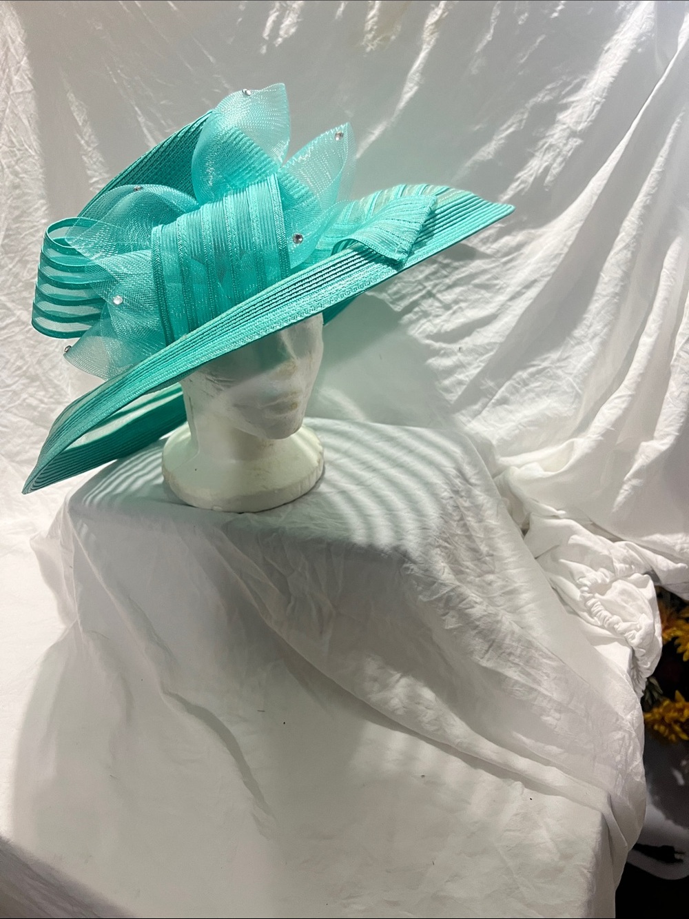 Teal Wide-Brim Women's Dress Hat with Layered Bow Accents